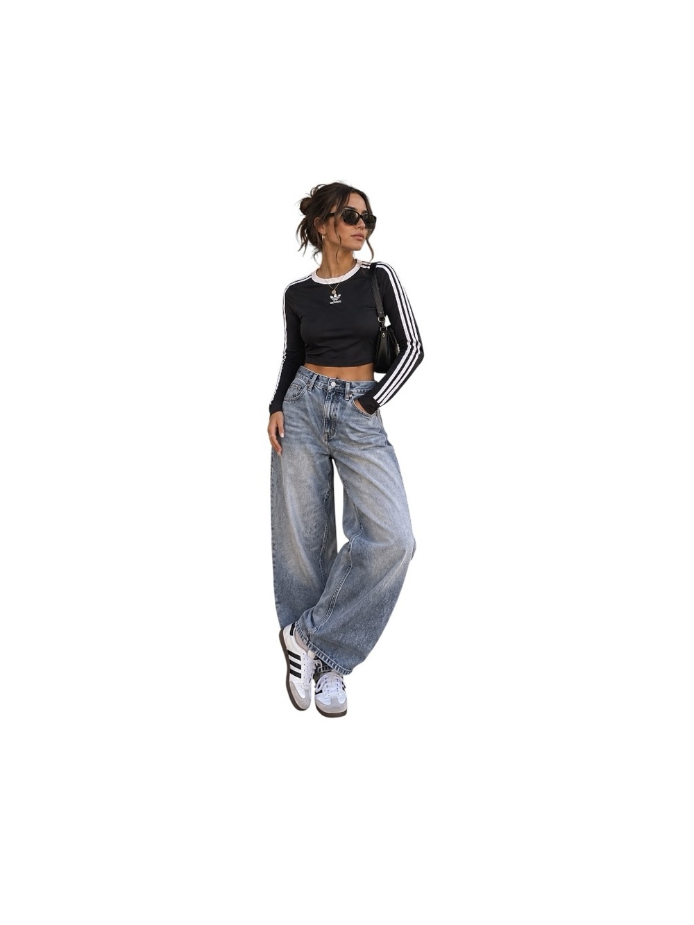 Adidas Originals Womens L 3 Stripes Cropped Long Sleeve Tee Black Blokecore